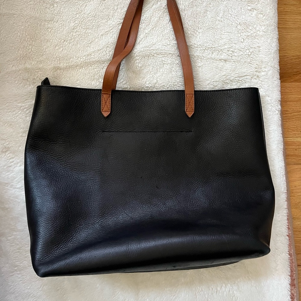 Madewell Black Leather Transport Tote with Tan Handles, no zipper